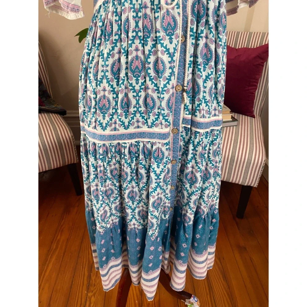 FP TO LOVE Boho Blue Pink Paisley‎ Button Front Tiered Midi Dress SZ M